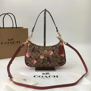 Coach Teri Shoulder Bag CY694 Signature Canvas Cherry Print Tan Brown
